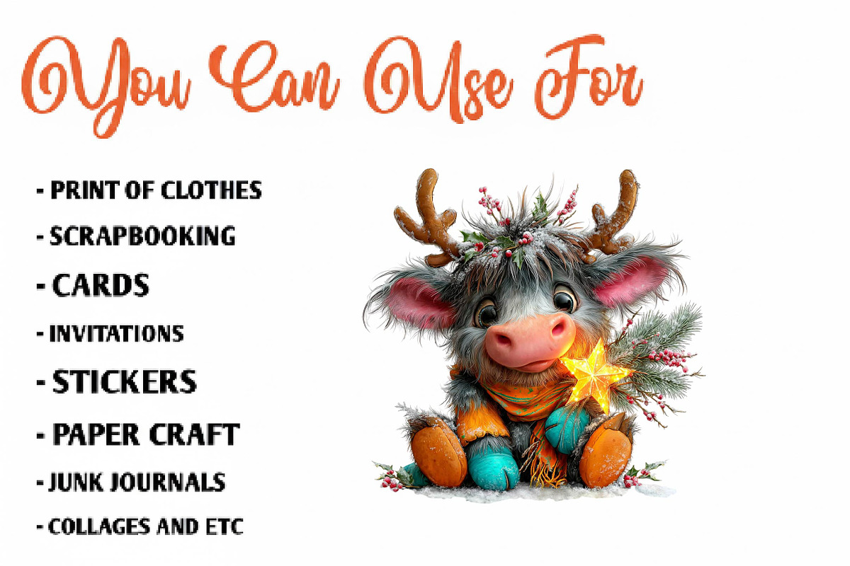 Cute Highland Cow Christmas clipart, a Seasonal Illustration by CreationArt (Photo 5 of 7)