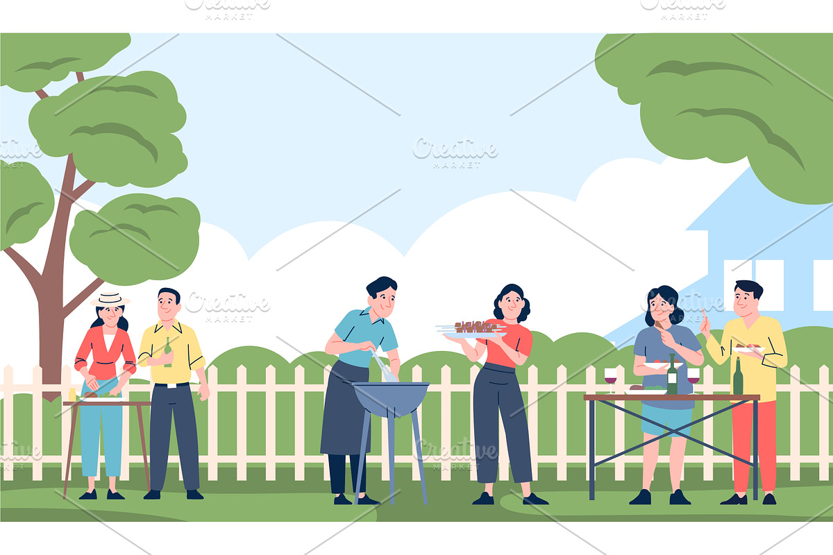 Friends on bbq. Happy couples, a Person Illustration by LadadikArt