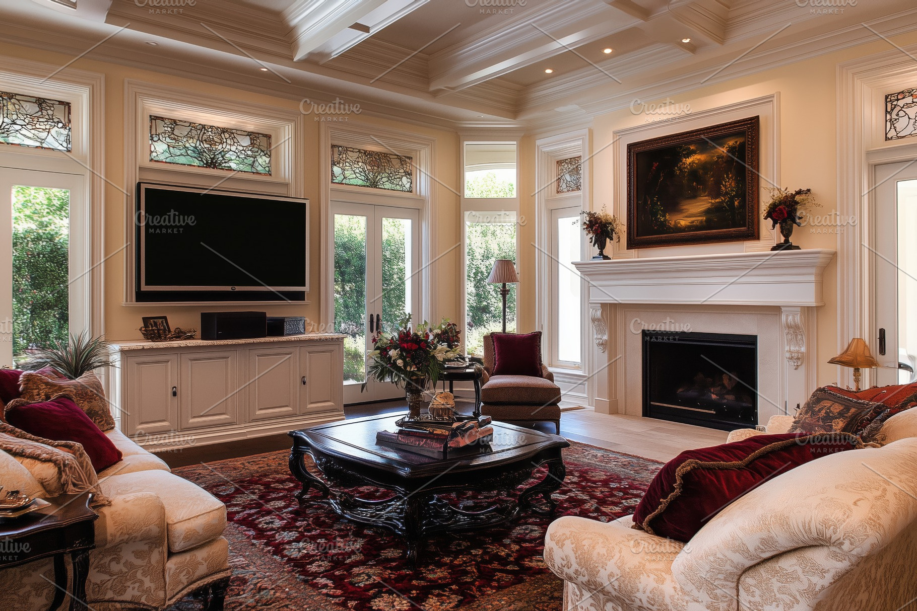 A luxurious Queen Anne house style living room featuring elegant furniture,  a l, an Architecture Photo by, image size:1820x1214