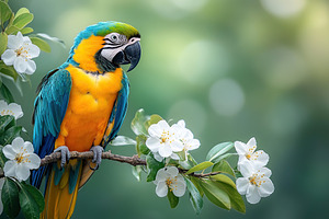 Macaw parrot sitting on a flowering tree branch, an Animal Photo by AlyaAnd