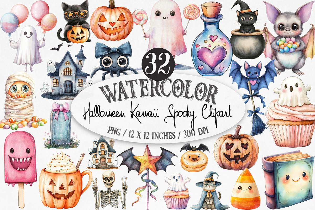 Halloween Kawaii Spooky Clipart, an Illustration by Designking (Photo 1 of 4)