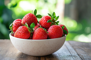 Freshly harvested ripe red strawberries in a white bowl on a wooden table, a Food & Drink Photo by AlyaAnd