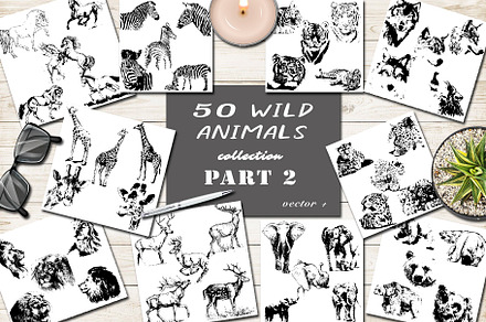 50 wild animals silhouette vector