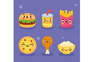 six kawaii food character, a Food Illustration by studiogstock