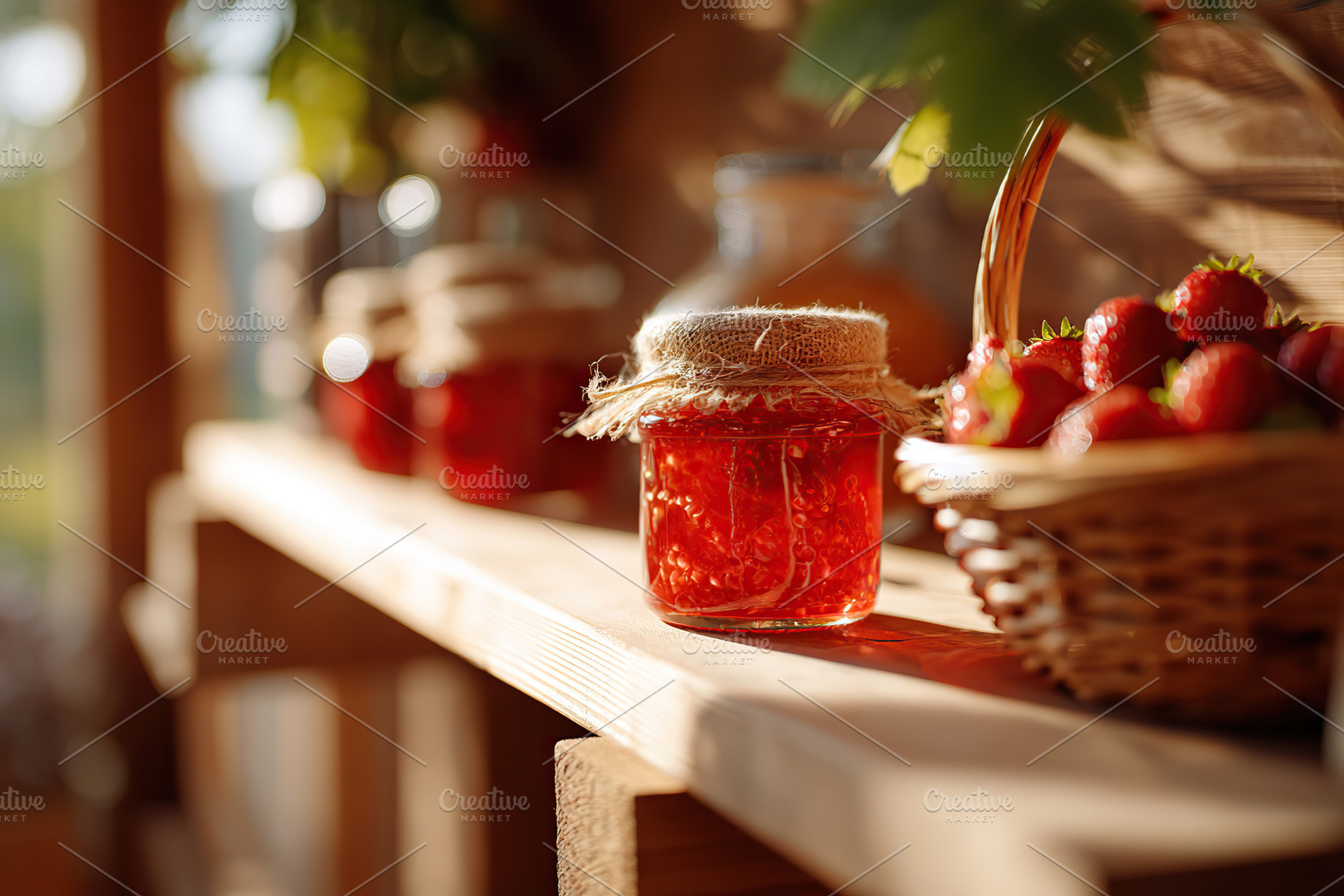 Delicious homemade strawberry jam resting on a wooden shelf under warm sunlight, a Food & Drink Photo by AlyaAnd