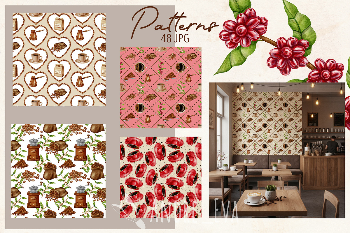 Watercolor Coffee Clipart/Pattern, a Food Illustration by Andre_Eva (Photo 6 of 10)
