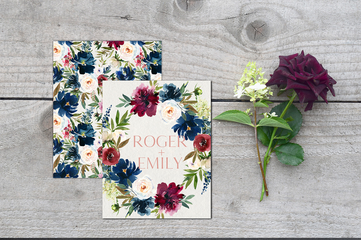 Bordo & Navy Watercolor Flowers PNG, a Decorative Illustration by whiteheartdesign (Photo 9 of 9)