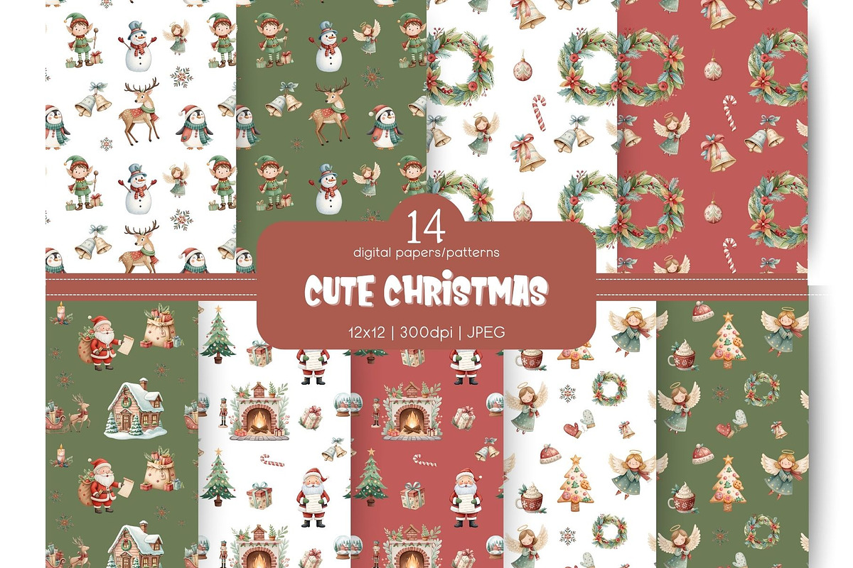 Cute Christmas Digital Papers, an Illustration by MockupWizard (Photo 1 of 4)