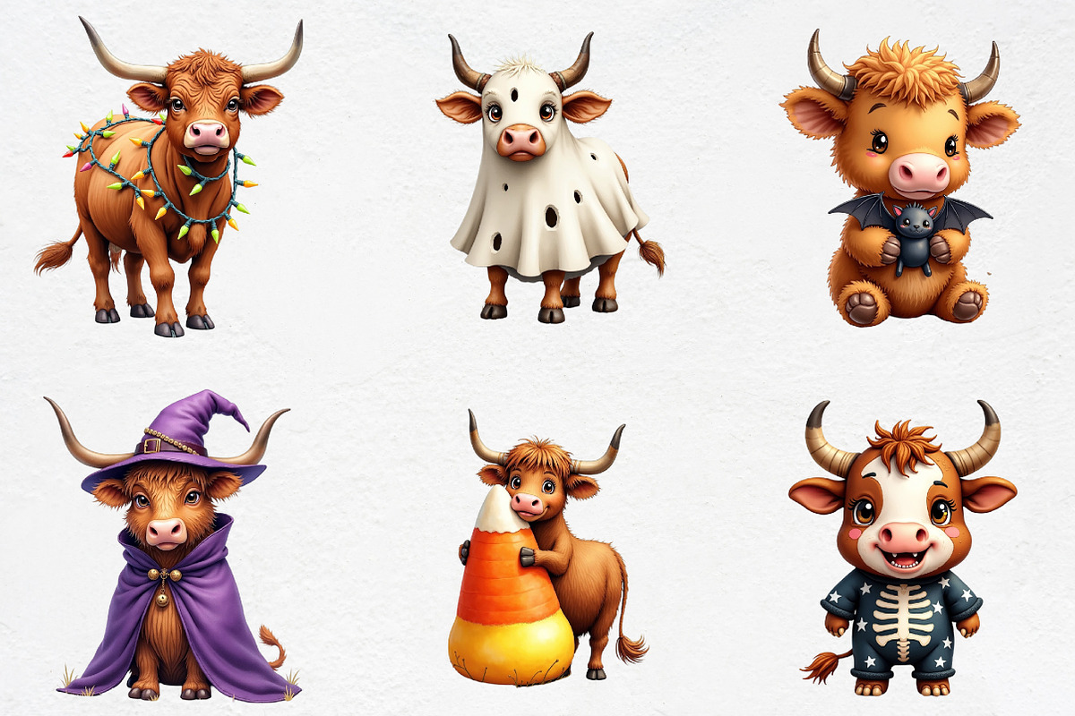 Halloween Cute Highland Cows Clipart, an Illustration by CrexoraLab (Photo 2 of 5)