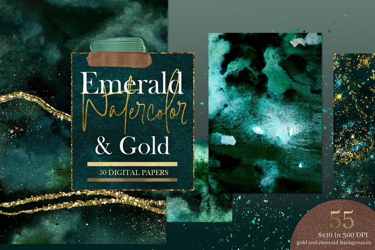 50 Gold & Emerald Watercolor Papers, a Texture Graphic by Photohacklovers (Photo 1 of 8)