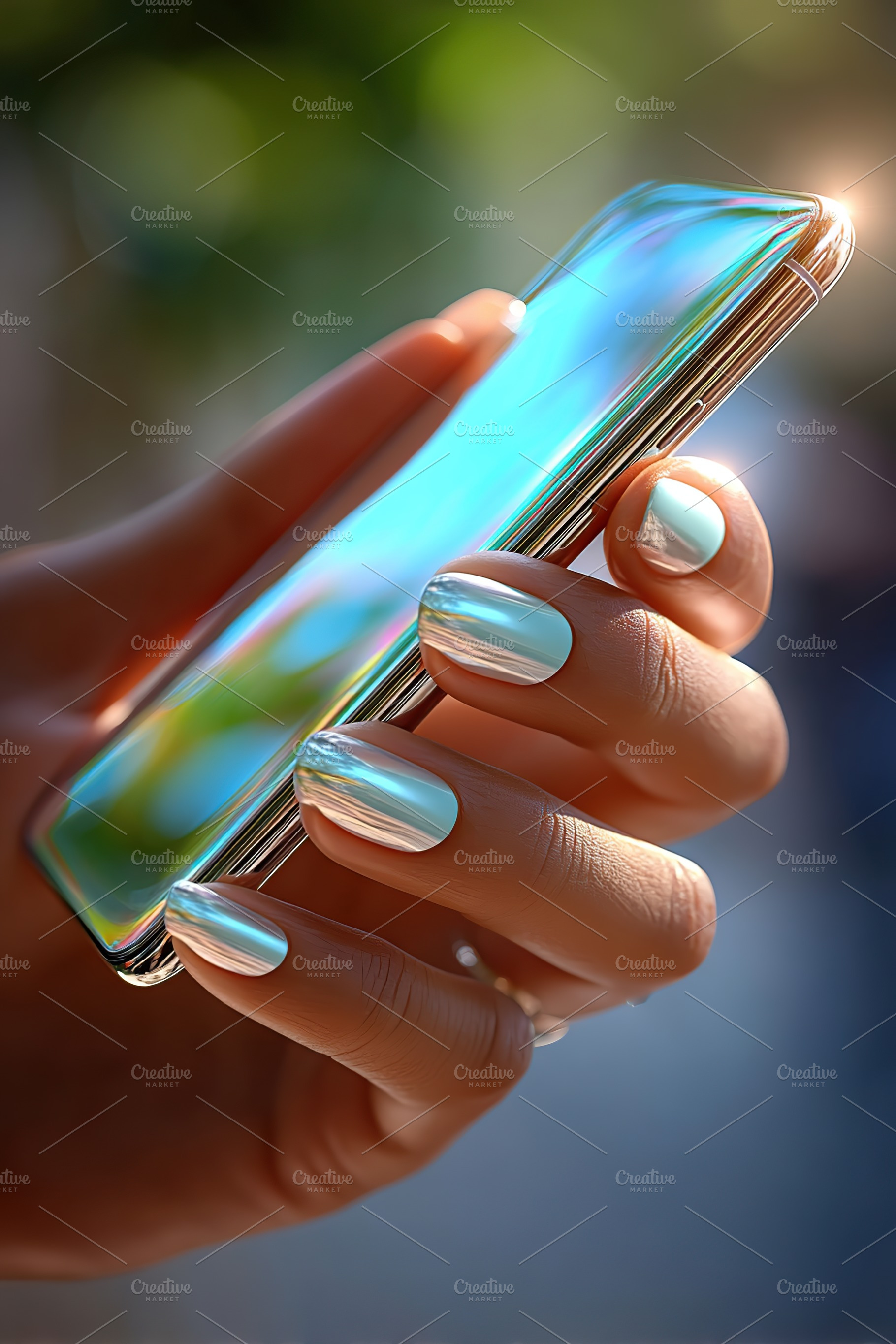 Elegant hand holding smartphone with shiny nails in a vibrant outdoor setting, a Technology Photo by AlyaAnd