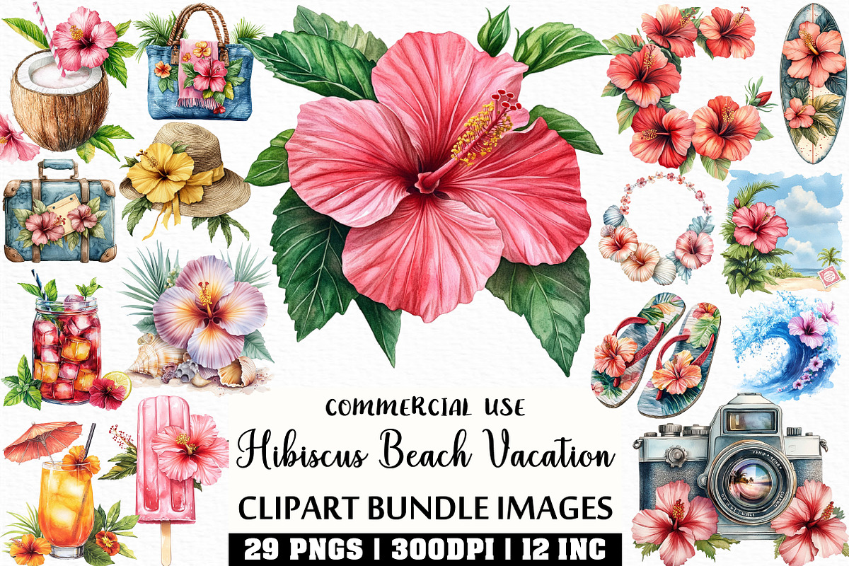 Hibiscus Beach Vacation Clipart, an Illustration by Craft Nest (Photo 1 of 6)
