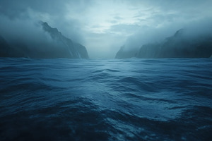 A serene seascape with calm waters reflecting a moody sky. Misty mountains fram, a Photo by Textures & Backgrounds