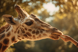 Giraffe interacts with a person, a Photo by Beautiful things