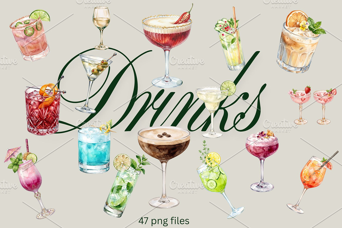 Watercolor Drinks/Cocktails Clipart, an Object Graphic by My Creative Corner (Photo 1 of 3)