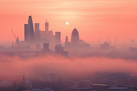 Aerial view of London skyline at sun, a Photo by Iftikhar Alam