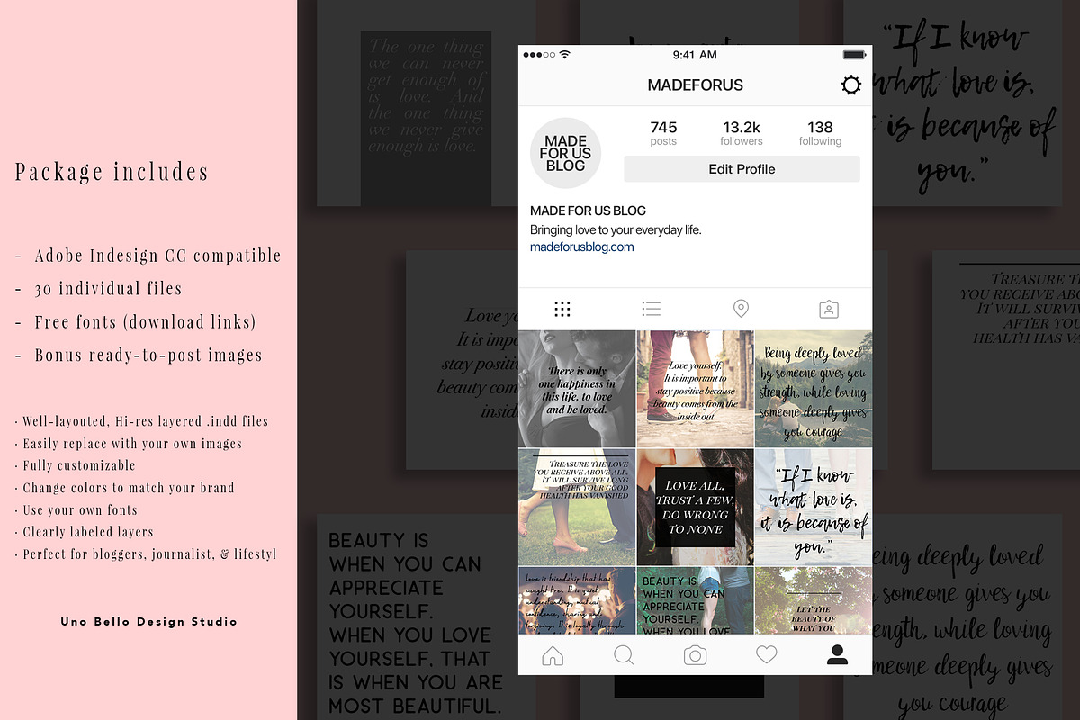 30 Love Quote Instagram Pack, a Social Media Template by Uno Bello Design Studio (Photo 3 of 6)