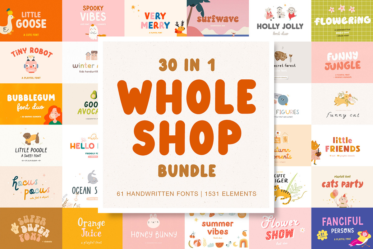 Whole shop BUNDLE | Fonts & Graphics, a Script Font by JuliaVolkova (Photo 1 of 32)
