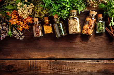 Herbs and natural medicine in glass jars. Generative AI, a Health & Medical Photo by AlyaAnd