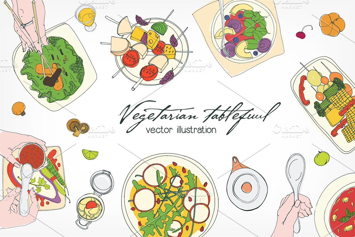 Festive vegetarian table, hand drawn, a Food Illustration by Good Studio (Photo 1 of 4)