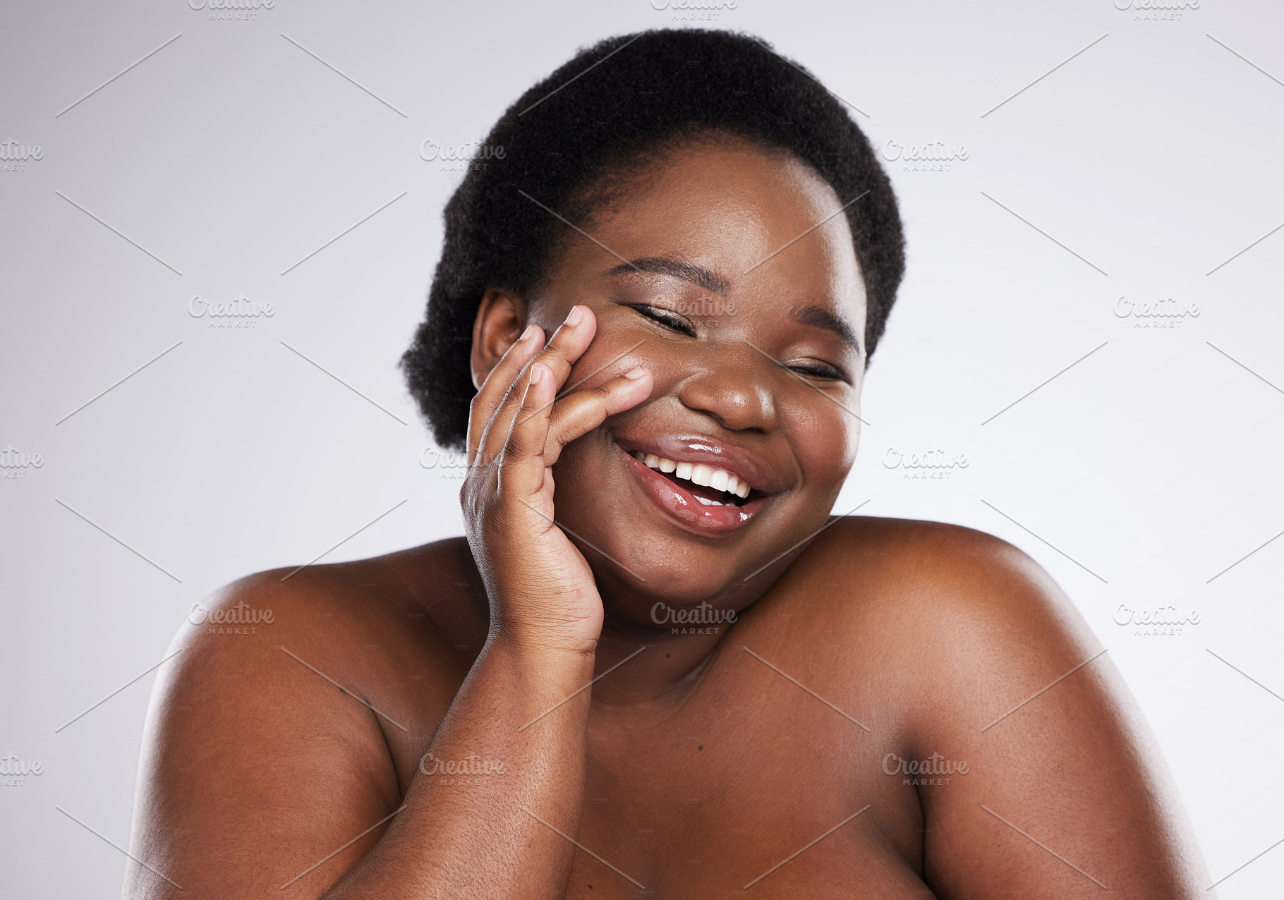 Body wellness, skincare and smile of black woman in studio for healthy skin, beauty and luxury cosmetics. Spa, aesthetic, self love and face of female model with glowing skin, dermatology and makeup, a Photo by Peopleimages.com