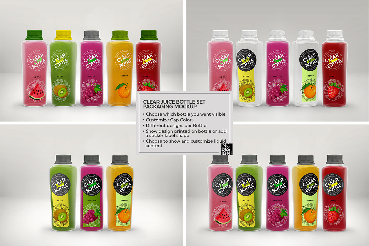 Clear Juice Bottle Sets Mockup, a Packaging Mockup by INCDesign (Photo 5 of 10)