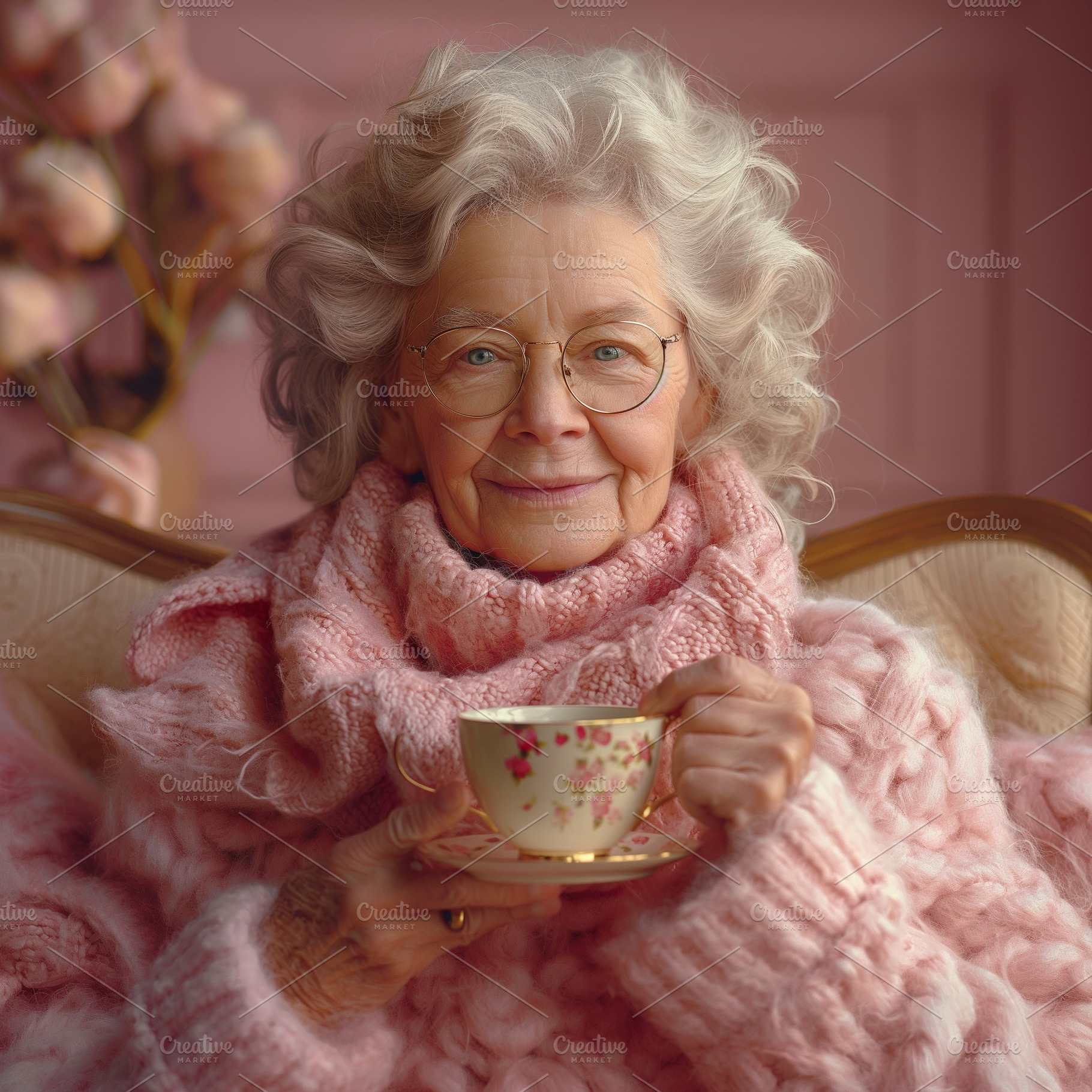 An elderly Caucasian woman in a cozy pink sweater, sipping tea in a softly lit, a Person Photo by ImageMir