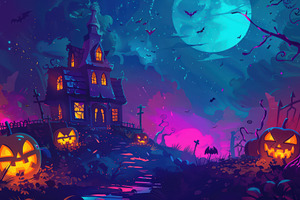 Haunted house with glowing jack-o'-lanterns and a full moon in a spooky Hallowe, a Holiday Photo by Mashimara