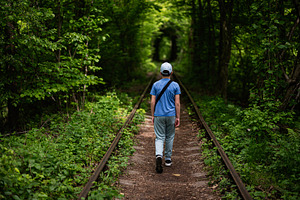 Person walking along a green forest railway track surrounded by nature, a Photo by AS photostudio