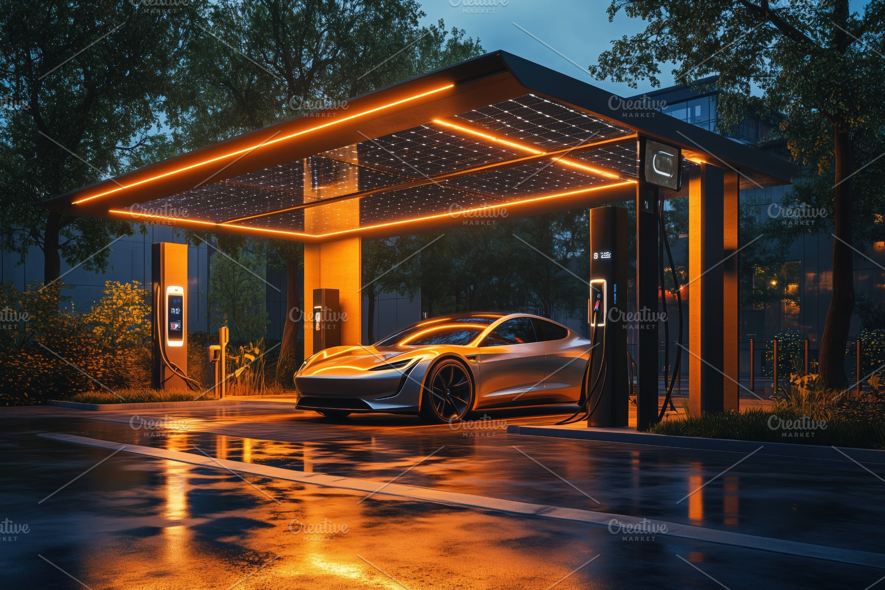 A sleek electric car charging at a modern charging station under a glowing cano, a Technology Photo by Textures & Backgrounds