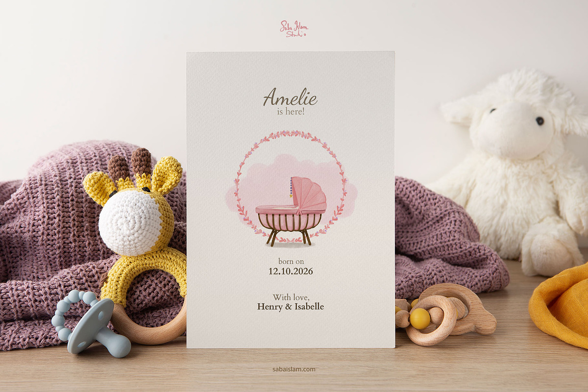 Elegant Pink Birth Announcement, a Card Template by SabaIslam.Studio (Photo 2 of 8)