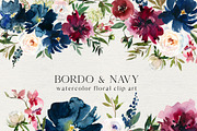 Bordo & Navy Watercolor Flowers PNG, a Decorative Illustration by whiteheartdesign (Thumbnail 1 of 9)