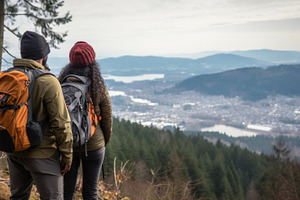 Couple tourists admire scenic mounta, a Photo by Dvoevnore photos