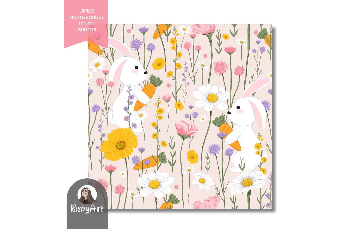 Easter Spring Bunny Flowers Pattern, a Pattern Graphic by KisbyArt