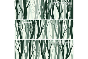 Trees set. Wild pine forest, nature background. Wood.Vector illustration.Banner. Dark green tree. Landscape.Grass,meadow., an Illustration by 32pixels