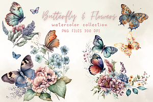 Watercolor Butterflies Flowers