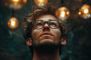 A young cognitive psychologist man with glasses gazes upwards, surrounded by gl, a Person Photo by Textures & Backgrounds