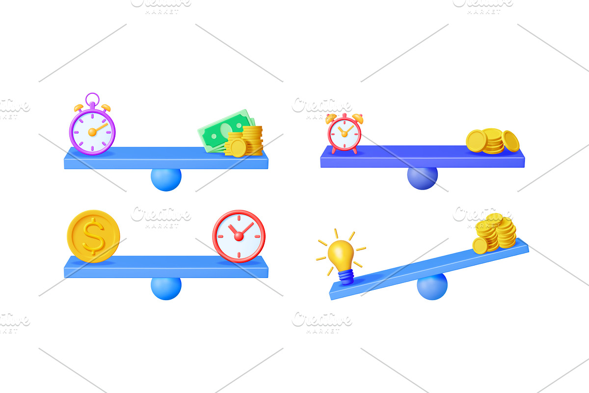 Scales comparing time, money, and, a Finance Illustration by Abscent