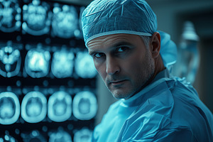 A focused neurosurgeon male surgeon in scrubs and surgical cap, examining brain, a Person Photo by Textures & Backgrounds