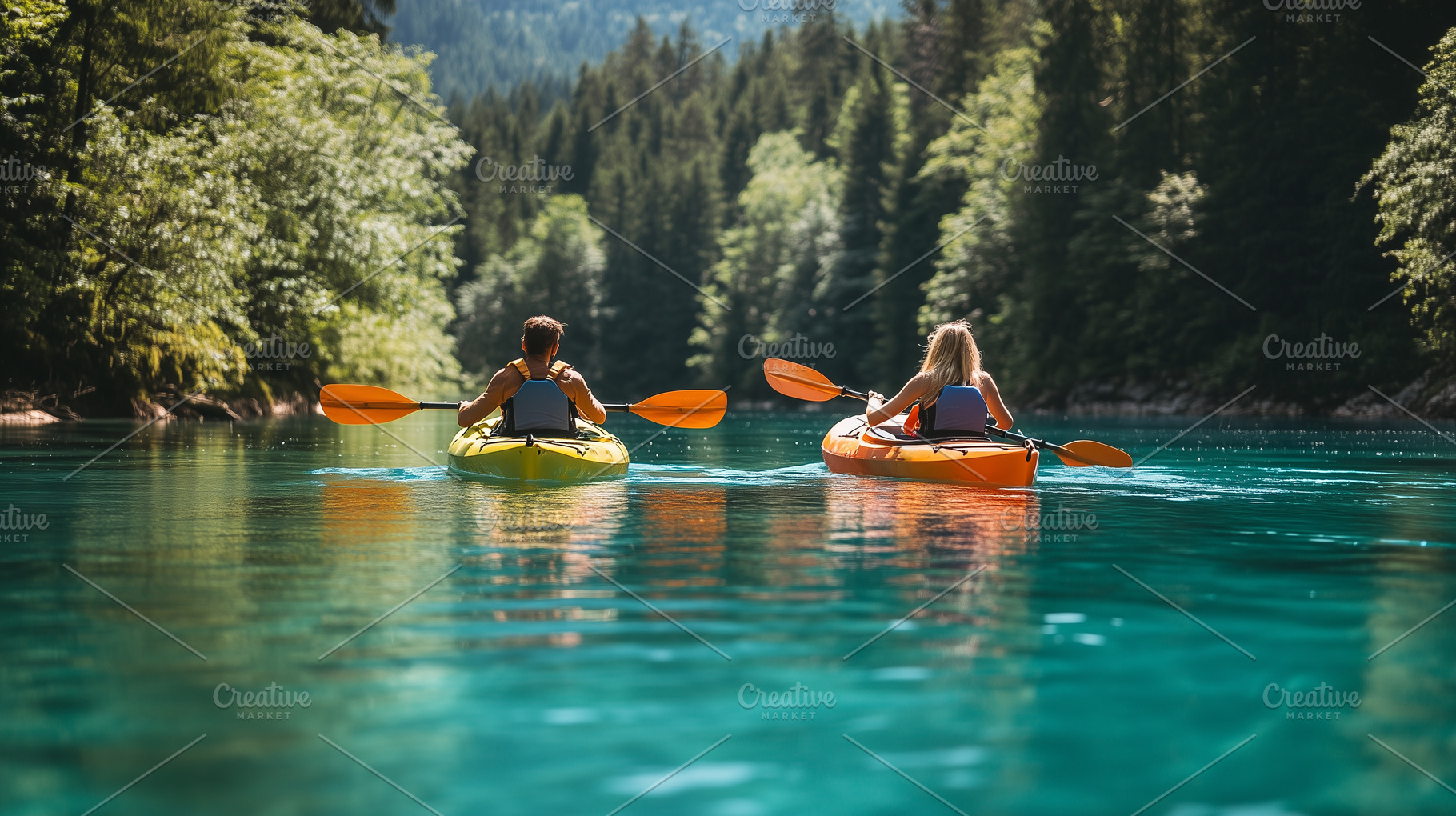 Friends kayaking on clear blue lake, a Sports & Recreation Photo by MistyDay