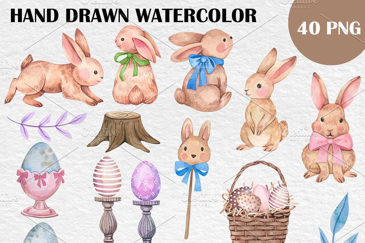 Watercolor Easter Bunny Clipart PNG, an Illustration by PatternPalette (Photo 2 of 2)