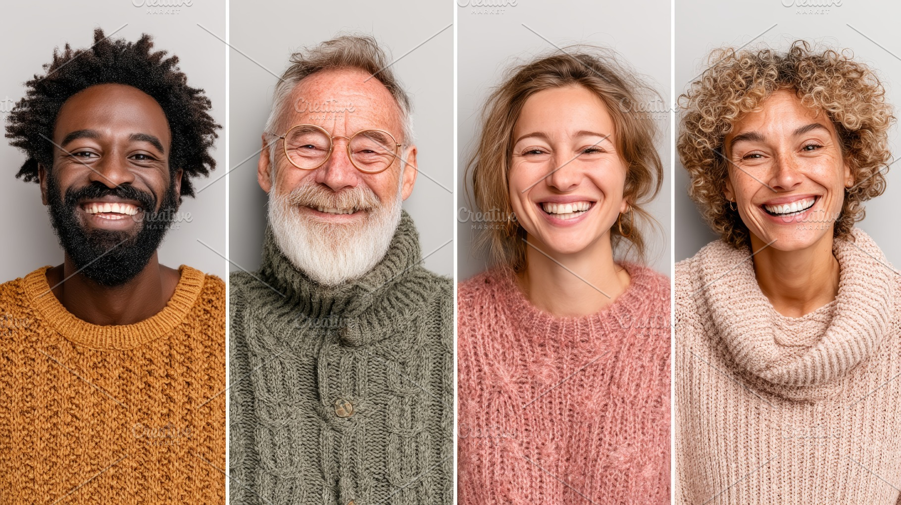 Collage of joyful individuals in cozy sweaters showcasing diverse and positive, a Photo by AS photostudio