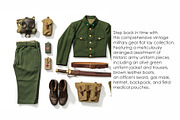 WWII Military Gear Flat Lay Pack, an Object Illustration by StockVerse Creative (Thumbnail 2 of 3)