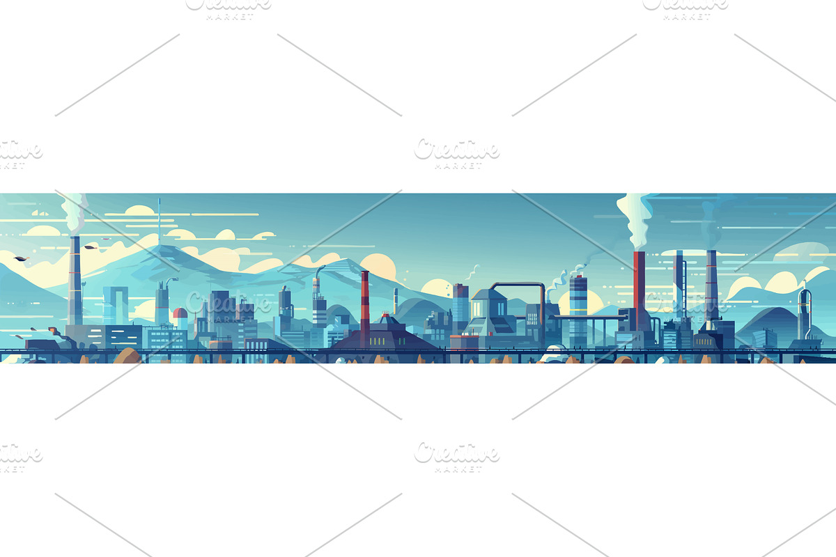 Industrial Cityscape Smokestacks and, an Illustration by AlexArt