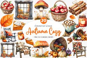 Watercolor Autumn Cozy Clipart, an Illustration by SinaCreation