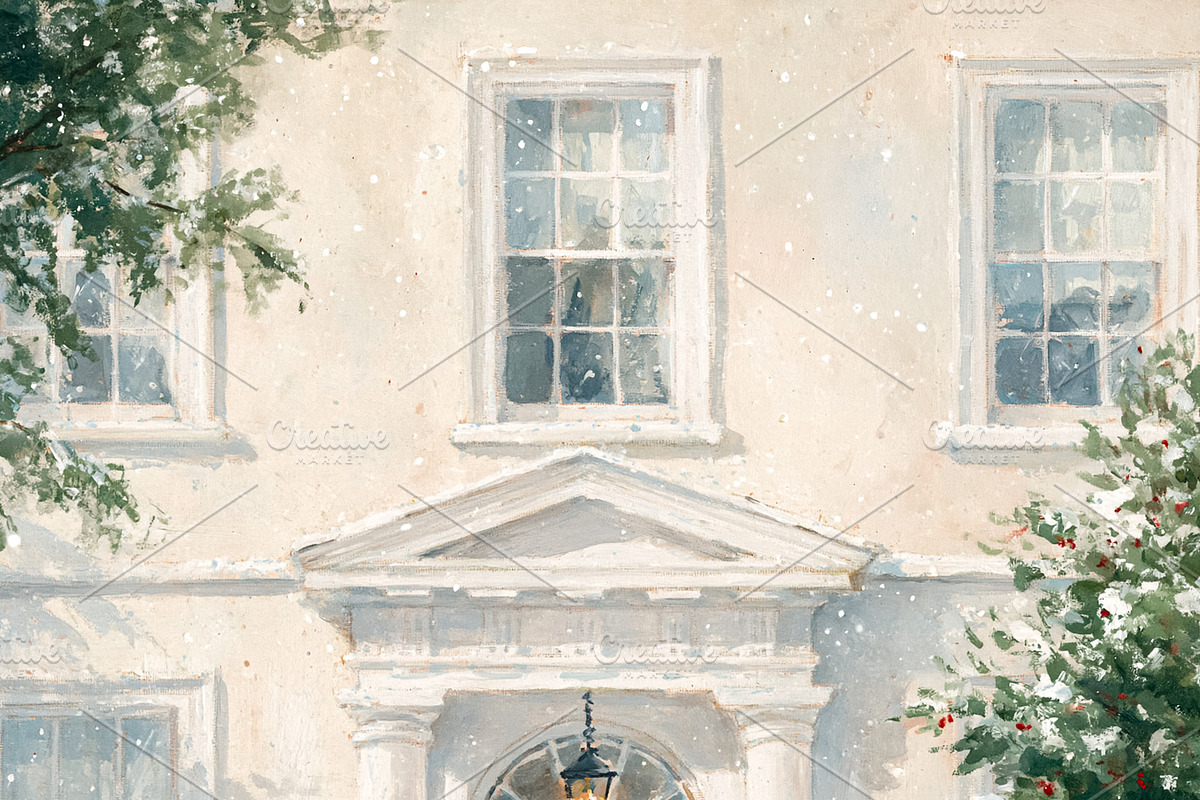 White house exterior with red door and Christmas wreath, snow fa, a Decorative Illustration by Studio ANNA