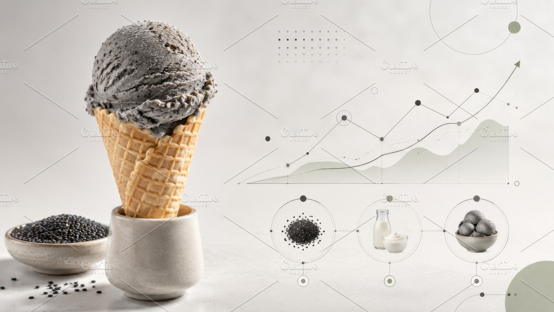 Black sesame ice cream in waffle con, a Photo by Dvoevnore photos