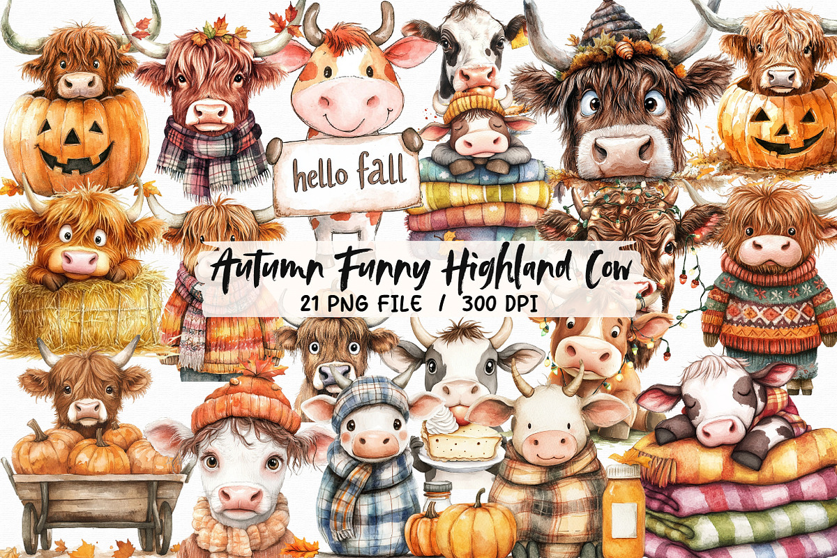 Autumn Funny Highland Cow Clipart, an Illustration by Libby Wishes (Photo 1 of 5)