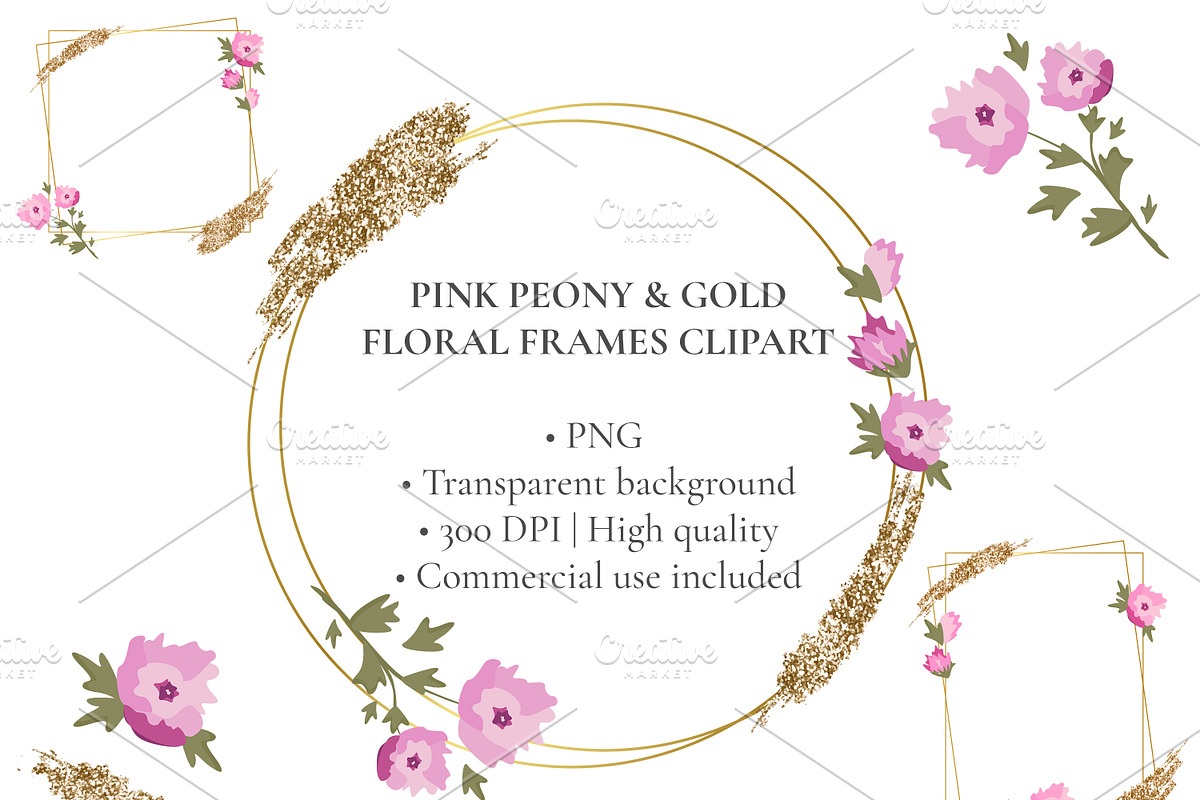 Pink Peony & Gold Frames Clipart, an Object Graphic by Nadia Semyroz (Photo 1 of 7)