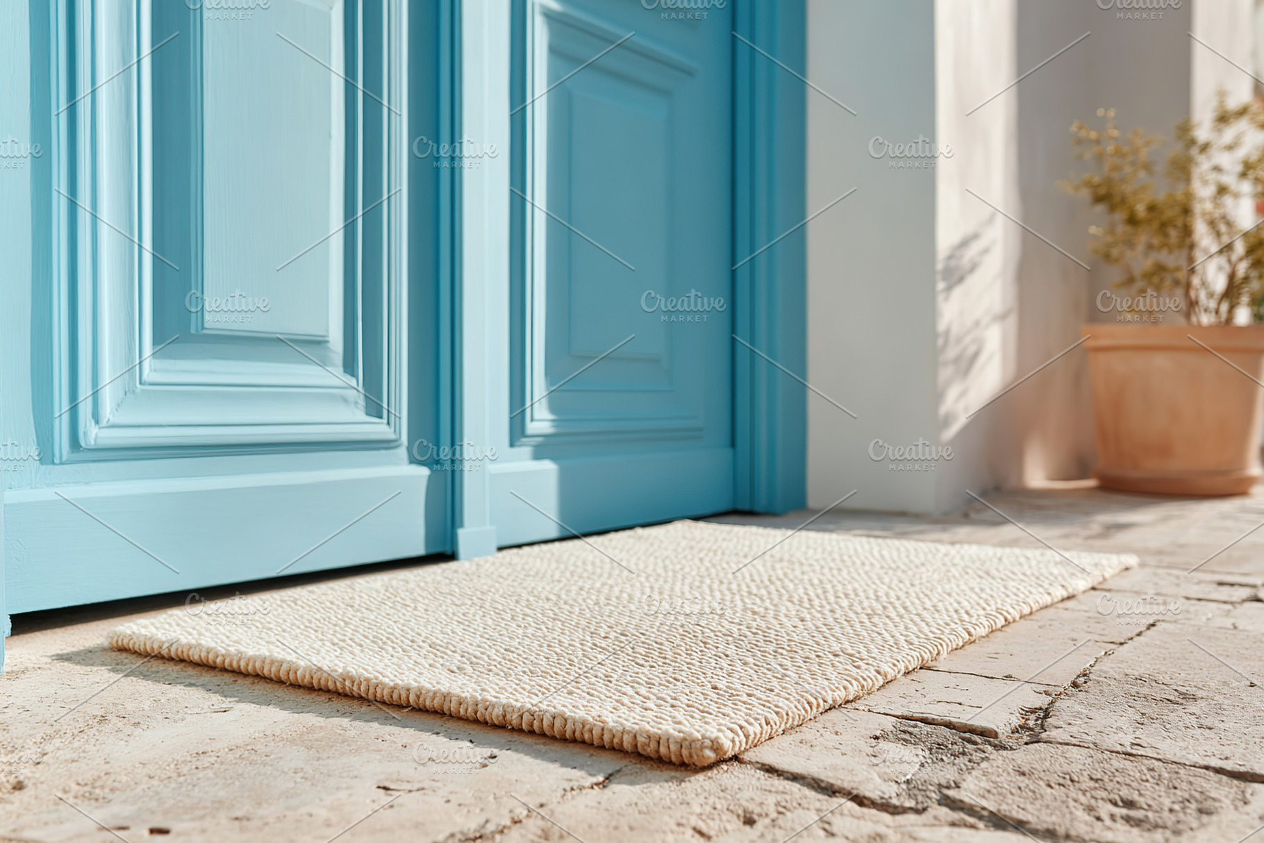 Front entrance featuring blue doors with a natural fiber doormat in a sunlit se, a Photo by AlyaAnd